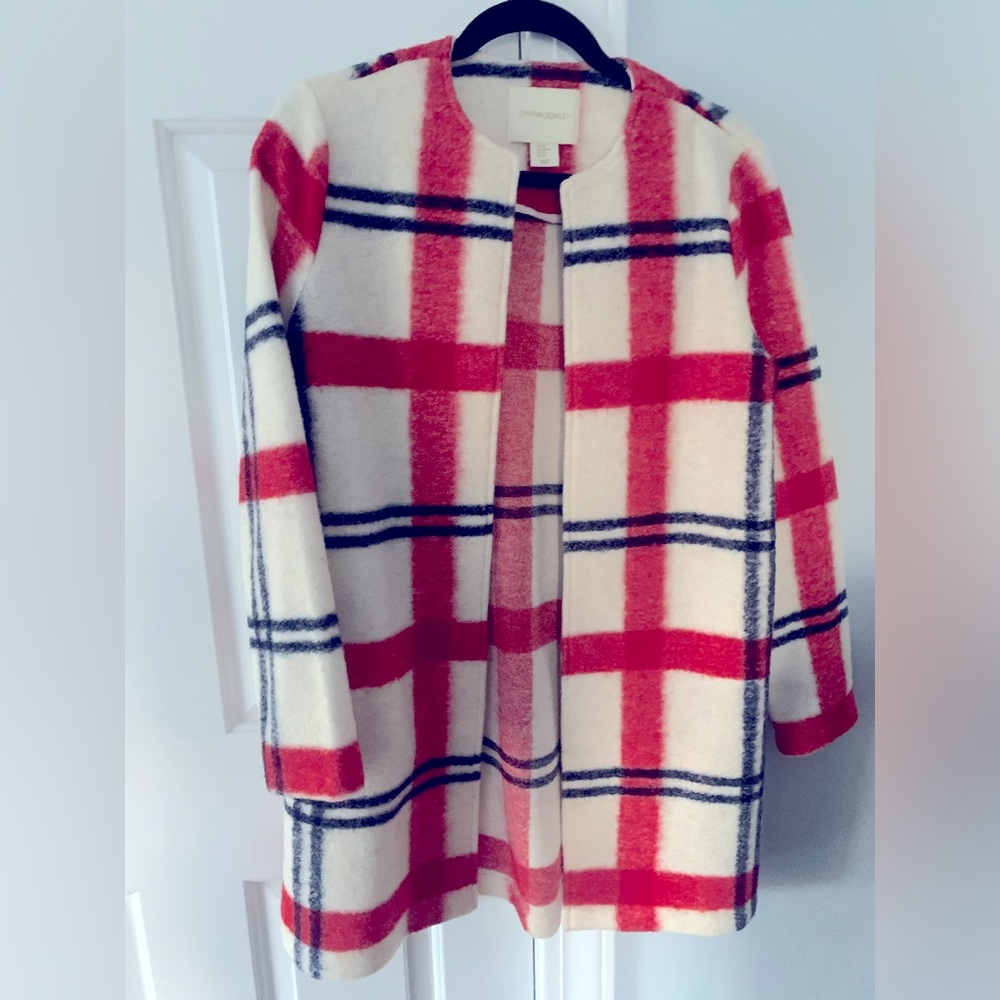 Cynthia Rowley crew neck red blue open plaid wool blend coat size XS